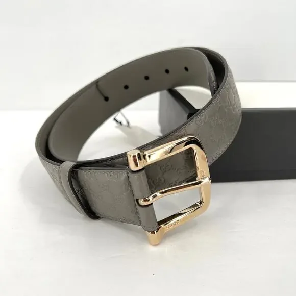 GUCCI Belt Womens 80 Gray Microguccisima GG Leather Gold Buckle AUTHENTIC NWT